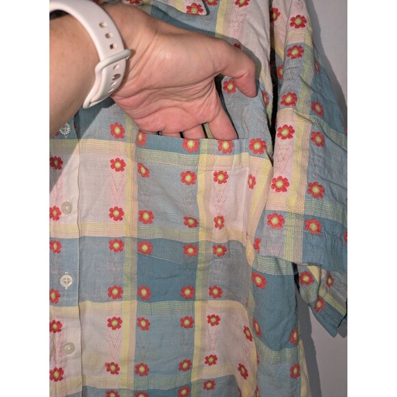 Liz & Me Button Down 4X Women's Plaid Floral Embroidered Short Sleeve Blouse - Picture 3 of 5